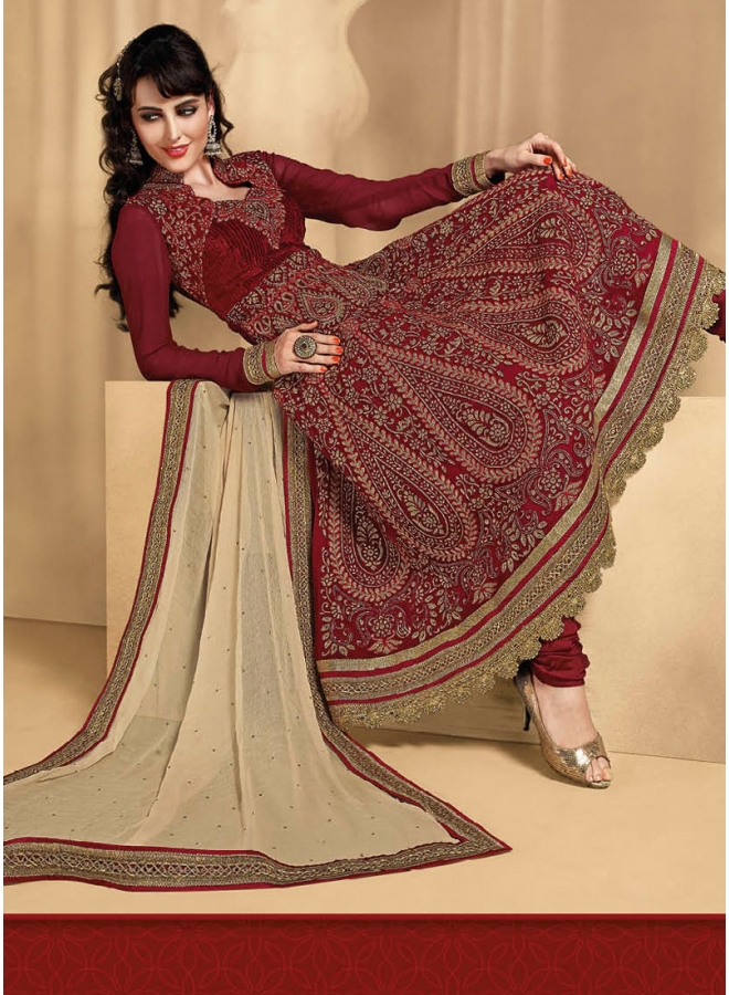 Competent Maroon With Embroidery Work Georgette Anarkali Suit